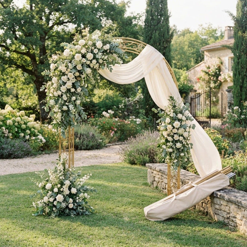 Arche de mariage dorée habillée de roses blanches, d'eucalyptus et d'un voilage ivoire dans un jardin