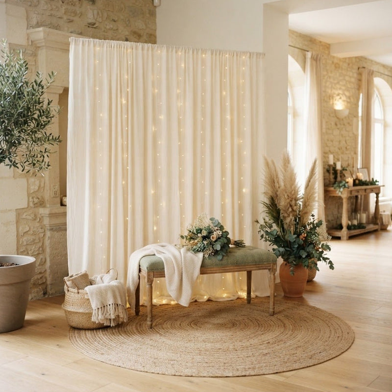 Coin photobooth de mariage avec un voilage ivoire, un rideau de guirlandes lumineuses, un banc au coussin vert sauge et un tapis rond en jute