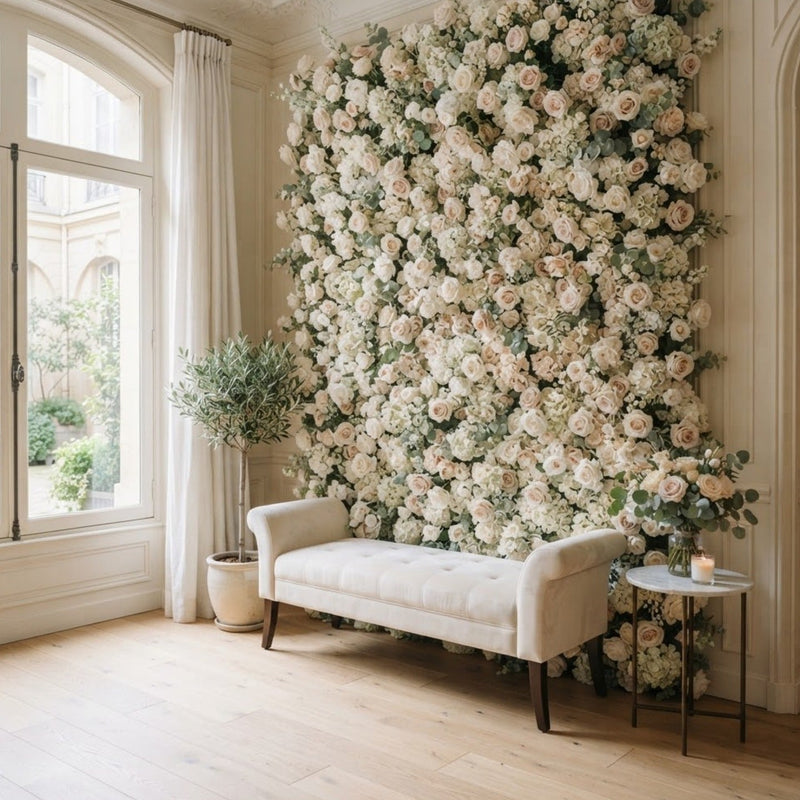 Grand mur de roses, pivoines et hortensias artificiels ivoire et rose pâle avec une banquette crème