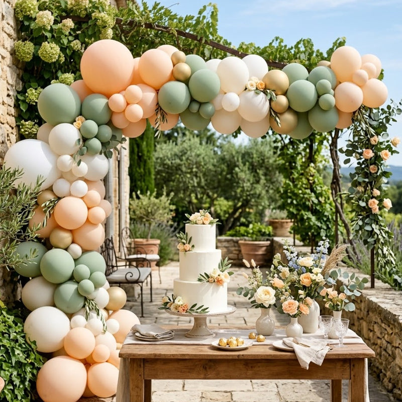 Arche de ballons d'anniversaire pêche, sauge, crème et or au-dessus d'une table à gâteau sur une terrasse en pierre ensoleillée