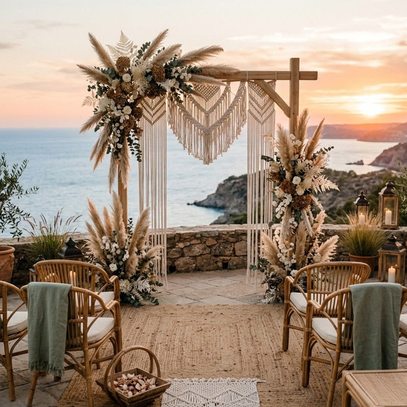 Arche bohème chic en bois clair avec pampa, fleurs séchées et macramé crème, sur une terrasse face à la mer au coucher du soleil