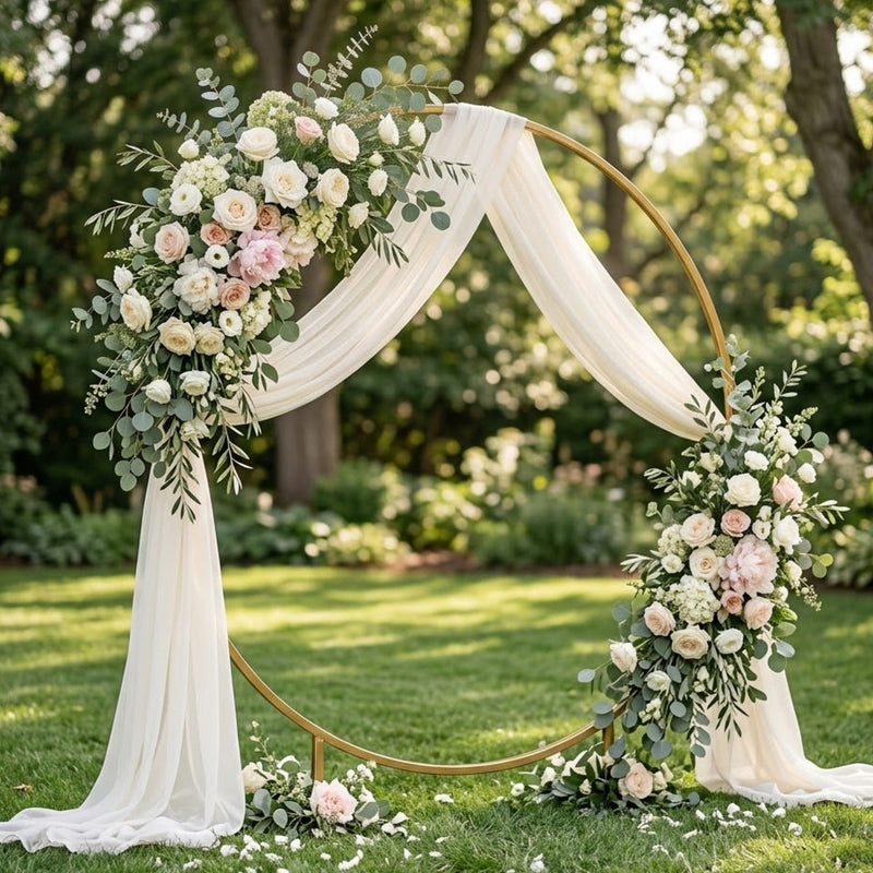 Arche ronde dorée drapée de voilage ivoire, ornée de roses ivoire, pivoines poudrées et eucalyptus, sur une pelouse