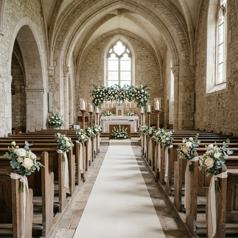 Église en pierre décorée pour un mariage : bouquets ivoire en bout de bancs et allée blanche