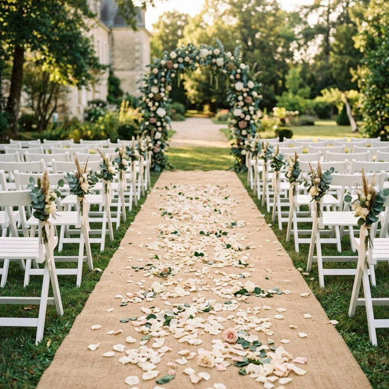 Allée de cérémonie de mariage parsemée de pétales de rose