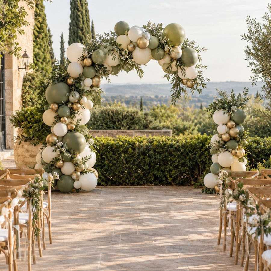 Arche de ballons organique sauge, ivoire et or champagne sur une terrasse en pierre, avec une petite colonne de ballons
