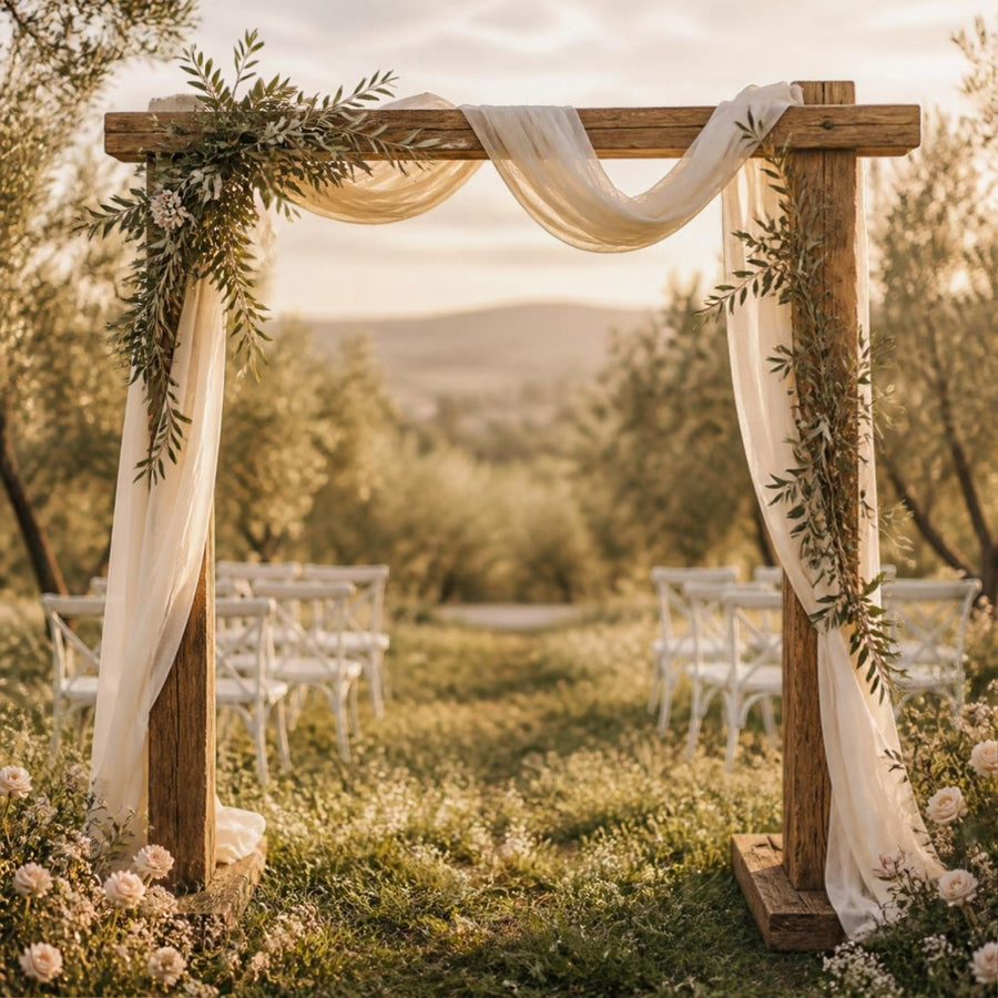 Arche de mariage en bois de chêne brut drapée de voile ivoire et de feuillage sauge, dans un verger