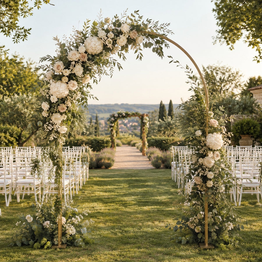 Arche de mariage ronde en métal doré fleurie d'ivoire et de feuillage sauge sur une pelouse, avec rangées de chaises
