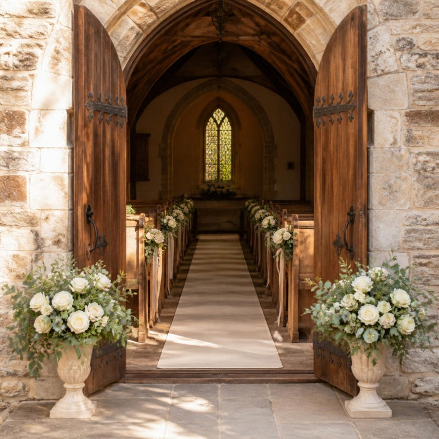Entrée d'une église en pierre aux portes ouvertes, avec tapis ivoire, petits bouquets sur les bancs et vases fleuris