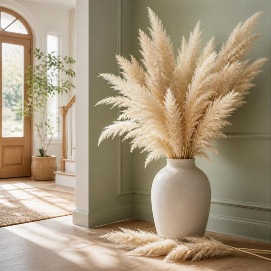 Hautes tiges de pampa artificielle ivoire et beige dans un grand vase en céramique, devant un mur sauge dans une entrée