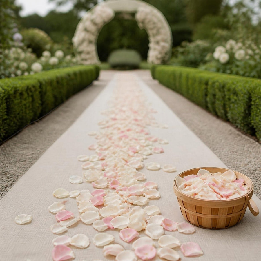 Pétales de rose ivoire et rose poudré éparpillés sur un tapis de lin dans une allée de jardin bordée de buis