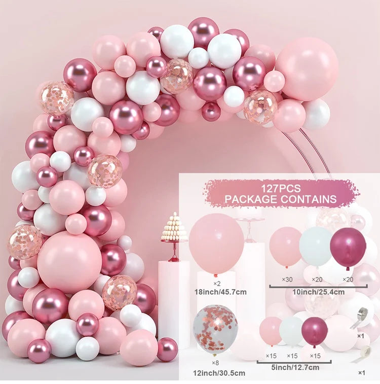 Kit Arche de Ballons Pastel, Rose, Bleu et Or, rose, blanc, rose framboise métallisé et confettis, 127 pièces