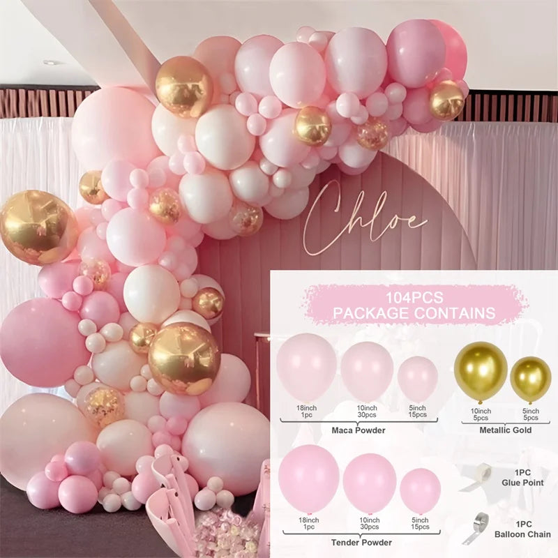Kit Arche de Ballons Pastel, Rose, Bleu et Or, rose poudré, rose tendre et or, 104 pièces