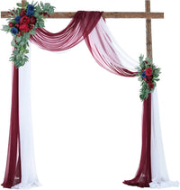 Compositions florales et voilages rustiques pour arche de mariage, article voilage blanc et bordeaux, 2 pièces