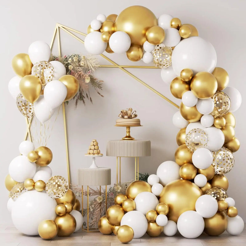 Kit Arche de Ballons Blanc et Or Chromé avec Confettis, vue d'ensemble