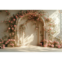Toile de Fond Florale pour Photocall Mariage, arche de roses pêche, mur clair