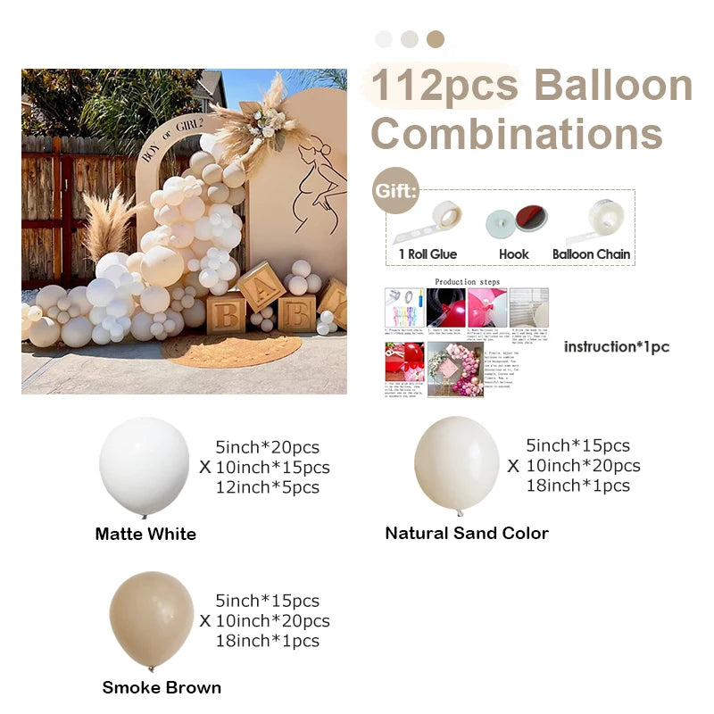 Kit Arche de Ballons Blanc Mat, Sable et Brun Fumé, 112 ballons