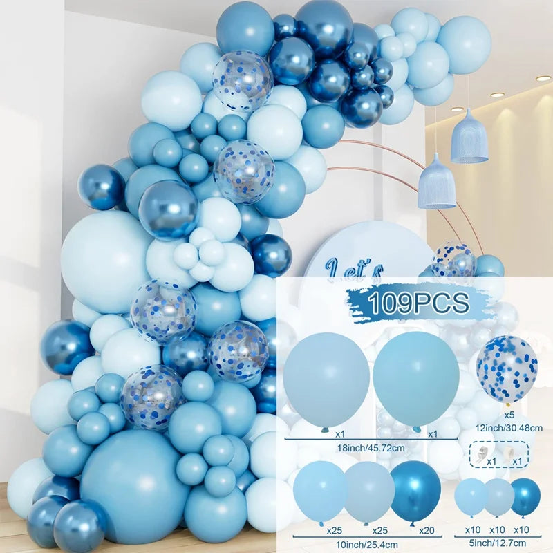 Kit Arche de Ballons Pastel, Rose, Bleu et Or, bleu pastel, bleu métallisé et confettis bleus, 109 pièces