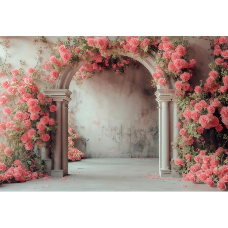 Toile de Fond Florale pour Photocall Mariage, arche de roses roses, mur patiné