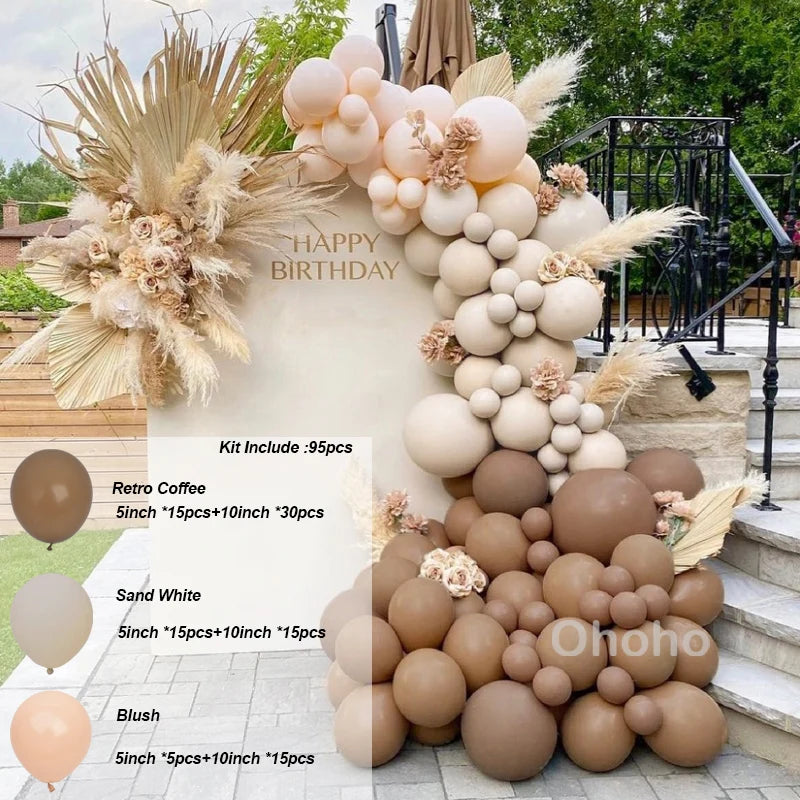 Kit Arche de Ballons Blanc Sable et Beige, café, blanc sable et rose poudré, 95 pièces