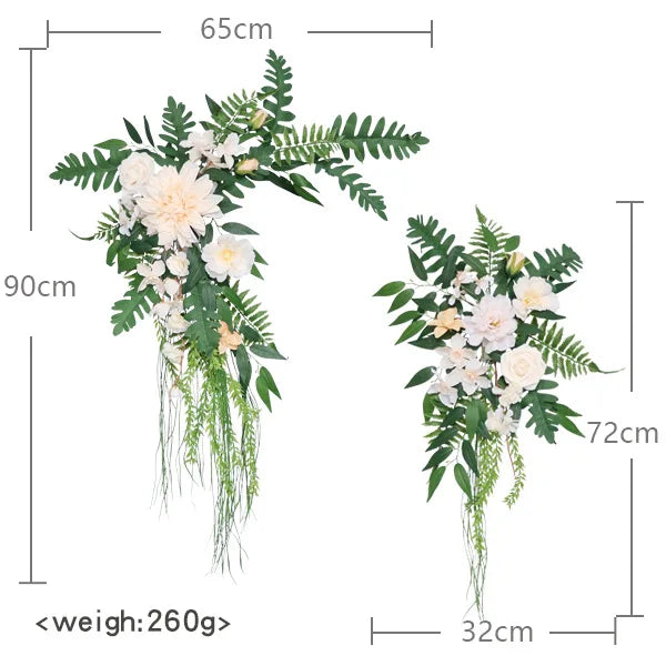 Fleurs et Voilages pour Arche de Mariage, paire de compositions, pêche et crème sur feuillage de fougère