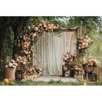 Toile de Fond Florale pour Photocall Mariage, arche de fleurs, voiles et lanternes