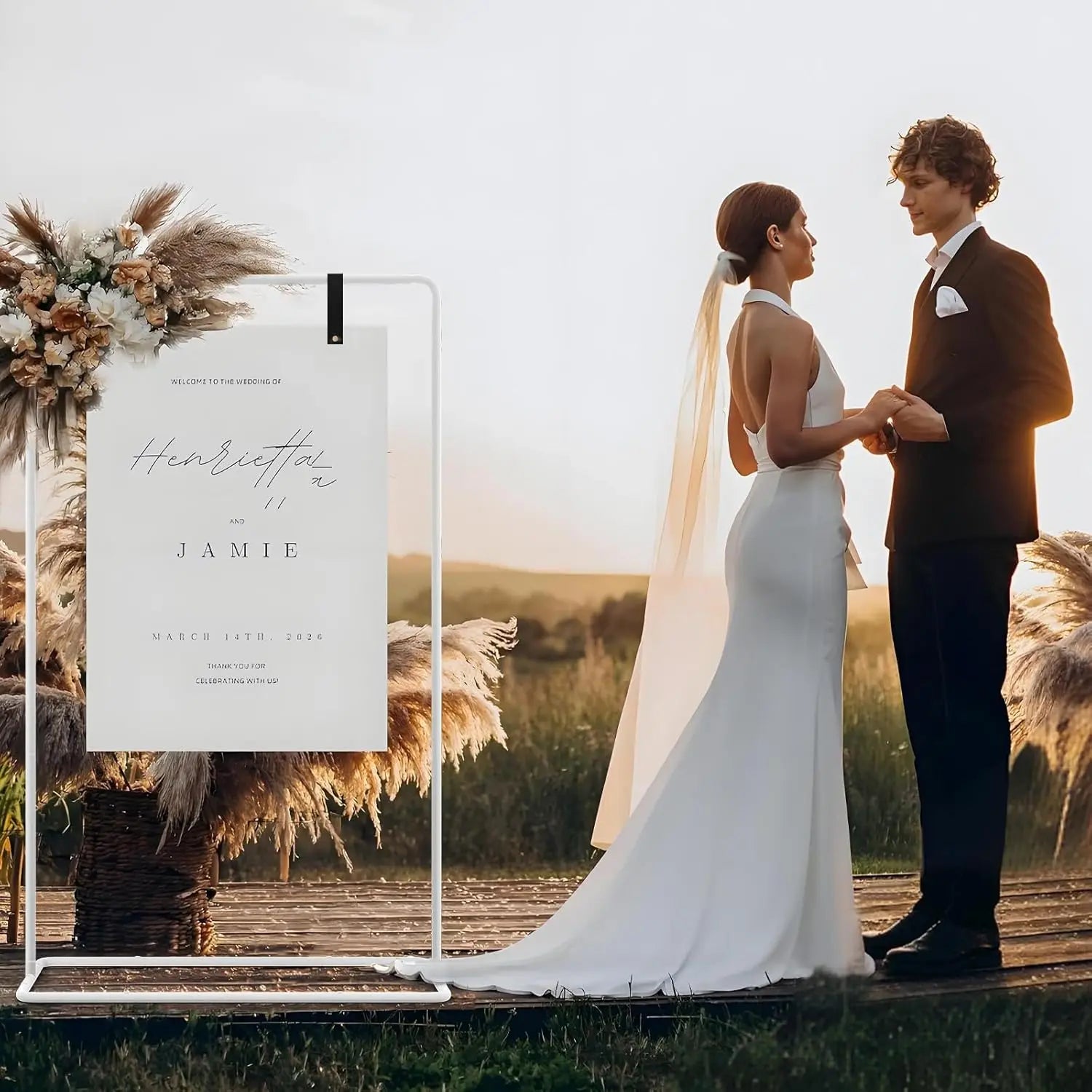 Chevalet cadre panneau de bienvenue mariage en métal blanc
