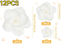 Mur de Fleurs en Papier Blanc, Fleurs 3D de 20 à 30 cm, 12 fleurs (2 de 30 cm, 4 de 25 cm, 6 de 20 cm)