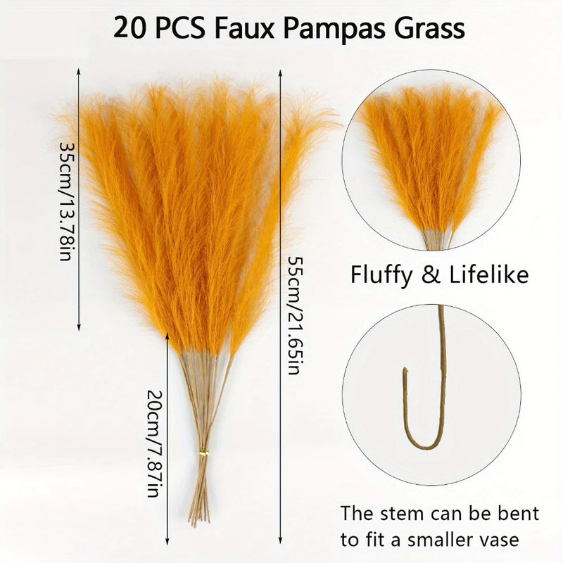 Pampa Artificielle 20 Tiges de 55 cm, Blanc, Beige ou Orange, coloris orange