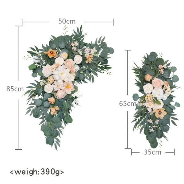 Fleurs et Voilages pour Arche de Mariage, paire de compositions, pêche, crème et ivoire
