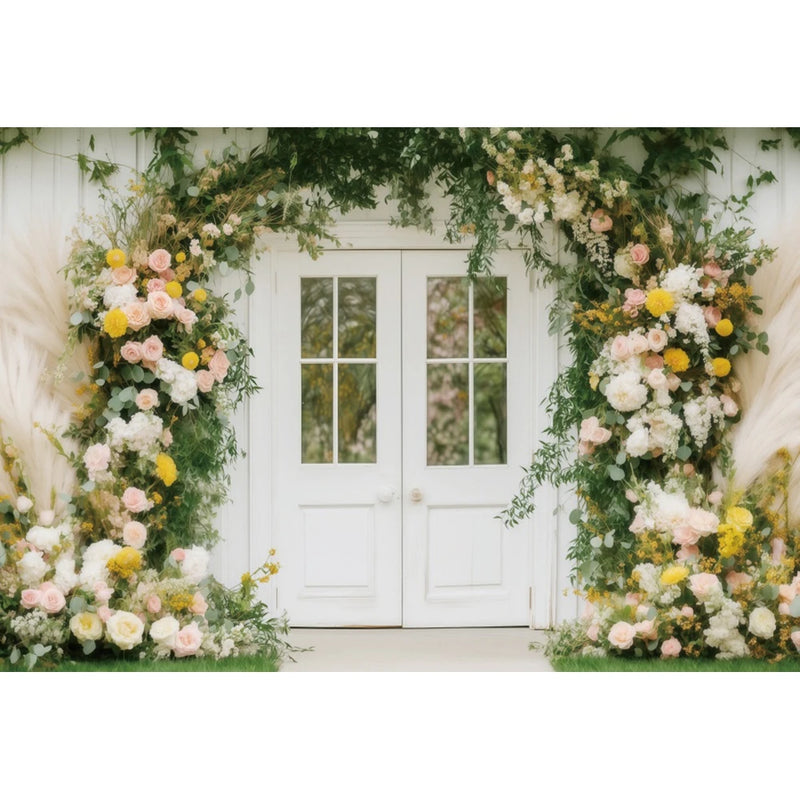 Toile de Fond Florale pour Photocall Mariage, porte blanche, arche de fleurs jaunes