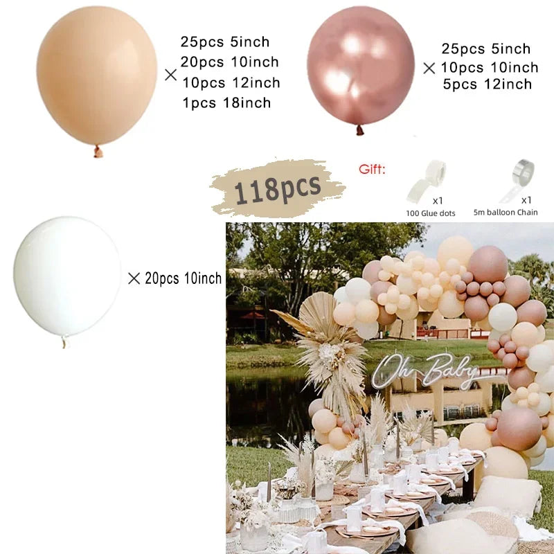 Kit Arche de Ballons Rose Poudré et Nude, 96 à 182 Pièces, nude, blanc et vieux rose métallisé, 118 pièces