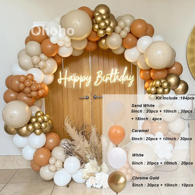 Kit Arche de Ballons Blanc Sable et Beige, blanc sable, caramel, blanc et or chromé, 184 pièces