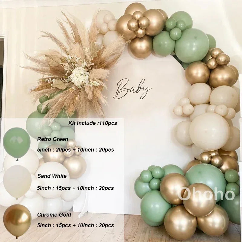 Kit Arche de Ballons Vert Sauge et Sable, vert sauge, blanc sable et or chromé, 110 pièces