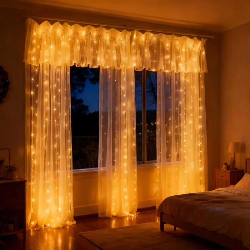 Rideau Lumineux LED 3 m de Large avec Télécommande, coloris blanc chaud
