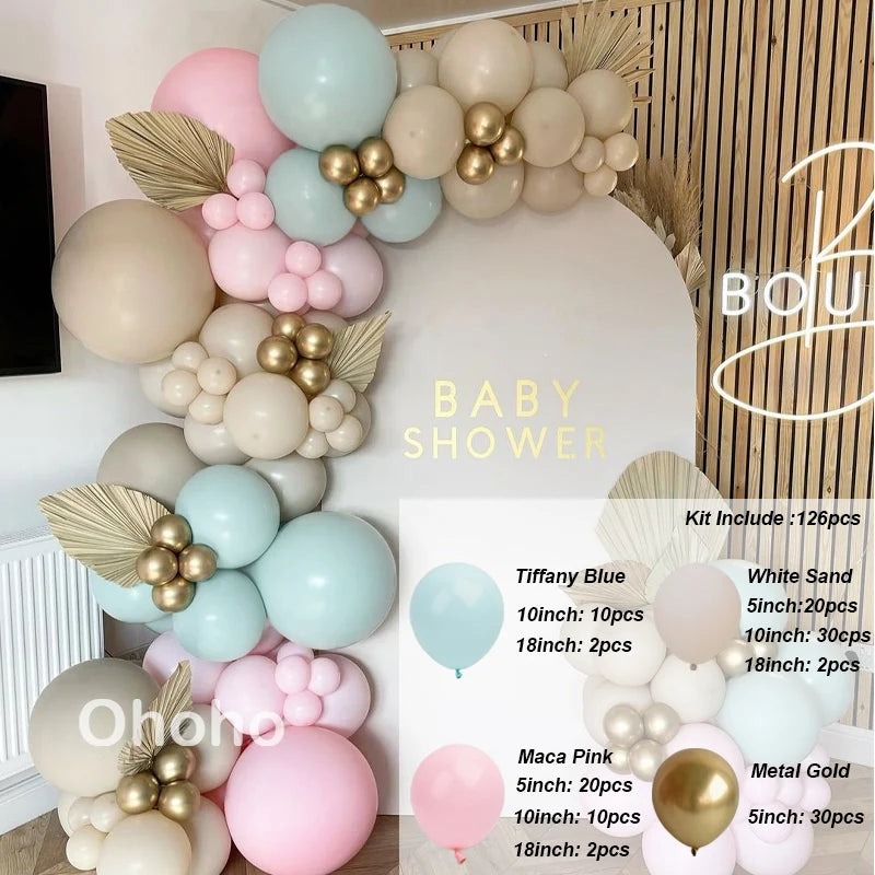 Kit Arche de Ballons Blanc Sable et Beige, bleu turquoise pastel, blanc sable, rose macaron et or, 126 pièces