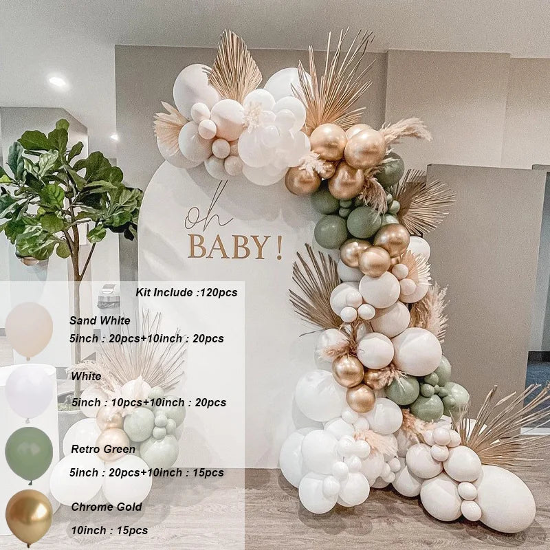 Kit Arche de Ballons Blanc Sable et Beige, blanc sable, blanc, vert sauge et or chromé, 120 pièces