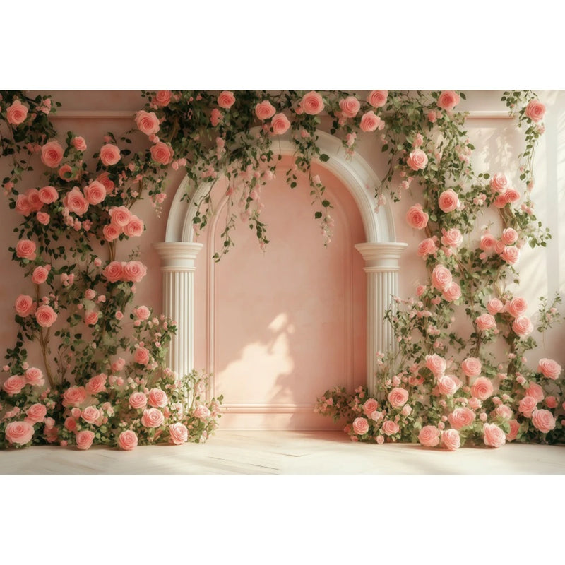 Toile de Fond Florale pour Photocall Mariage, arche rose poudré, roses et lierre