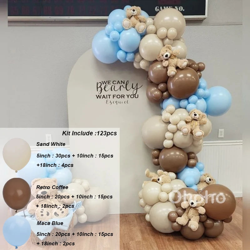 Kit Arche de Ballons Blanc Sable et Beige, blanc sable, café et bleu macaron, 123 pièces
