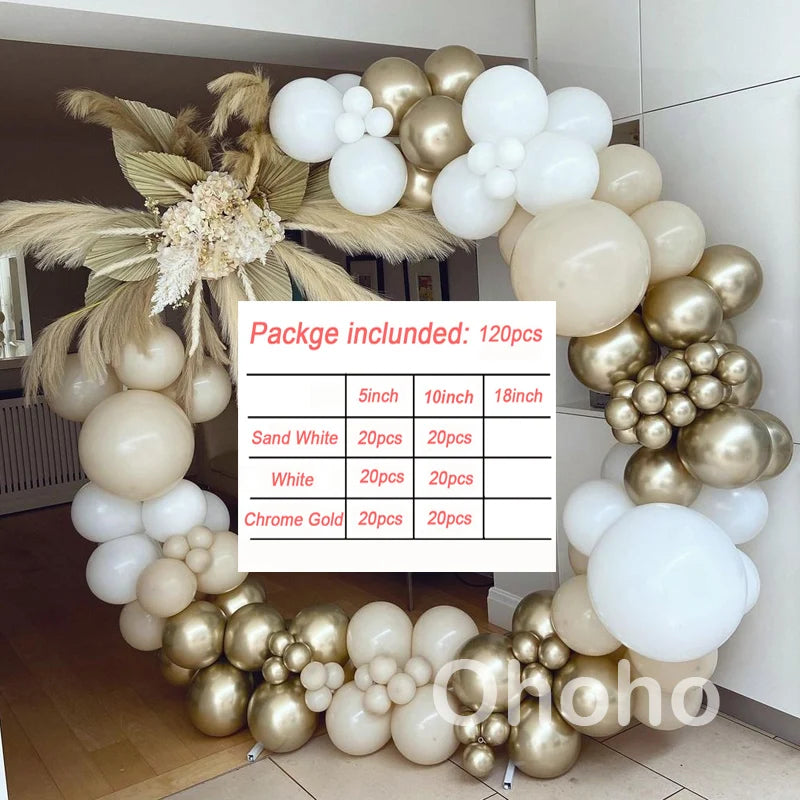 Kit Arche de Ballons Blanc Sable et Beige, blanc sable, blanc et or chromé, 120 pièces