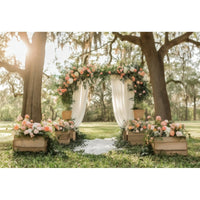 Toile de Fond Florale pour Photocall Mariage, arche de fleurs sous les arbres, voiles blancs