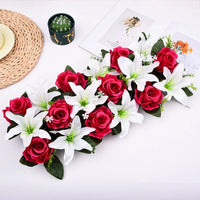 Mur de Fleurs Artificielles, Rangée de Roses et Lys, coloris rouge cerise et blanc