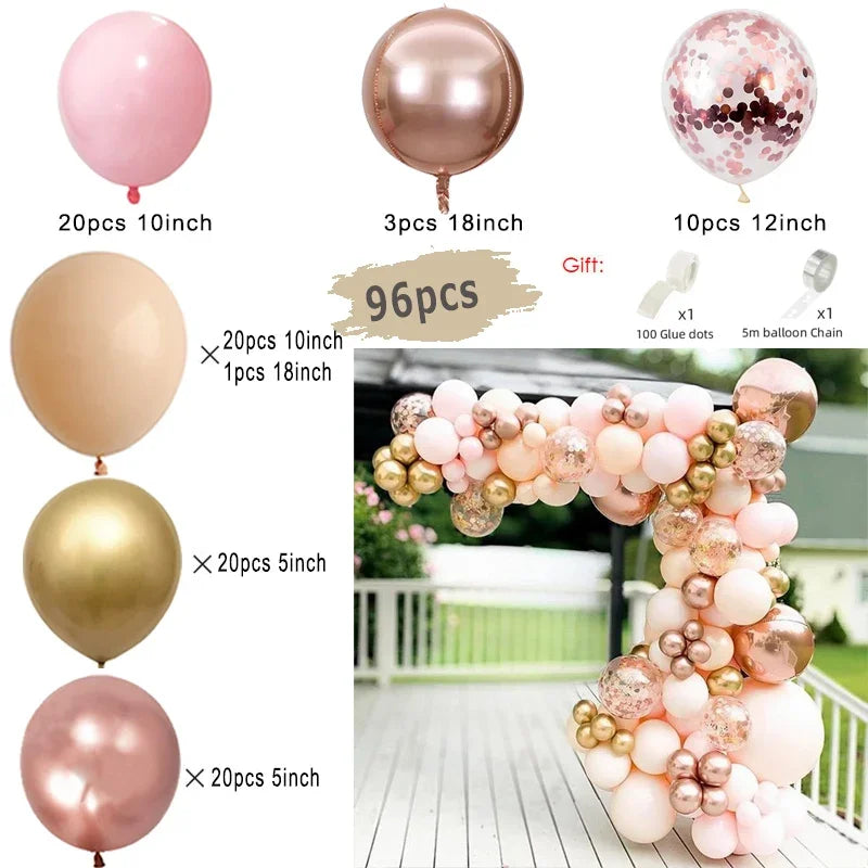 Kit Arche de Ballons Rose Poudré et Nude, 96 à 182 Pièces, rose pâle, nude, or, cuivre rosé et confettis, 96 pièces