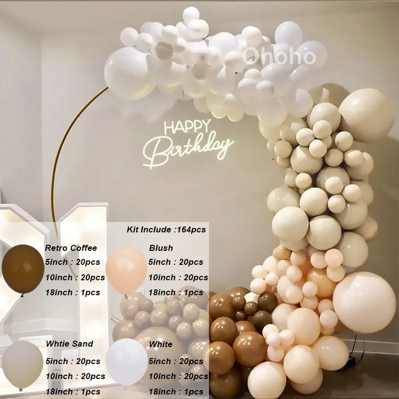 Kit Arche de Ballons Blanc Sable et Beige, café, rose poudré, blanc sable et blanc, 164 pièces