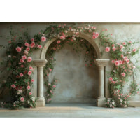 Toile de Fond Florale pour Photocall Mariage, arche à colonnes, roses sur mur vert-gris