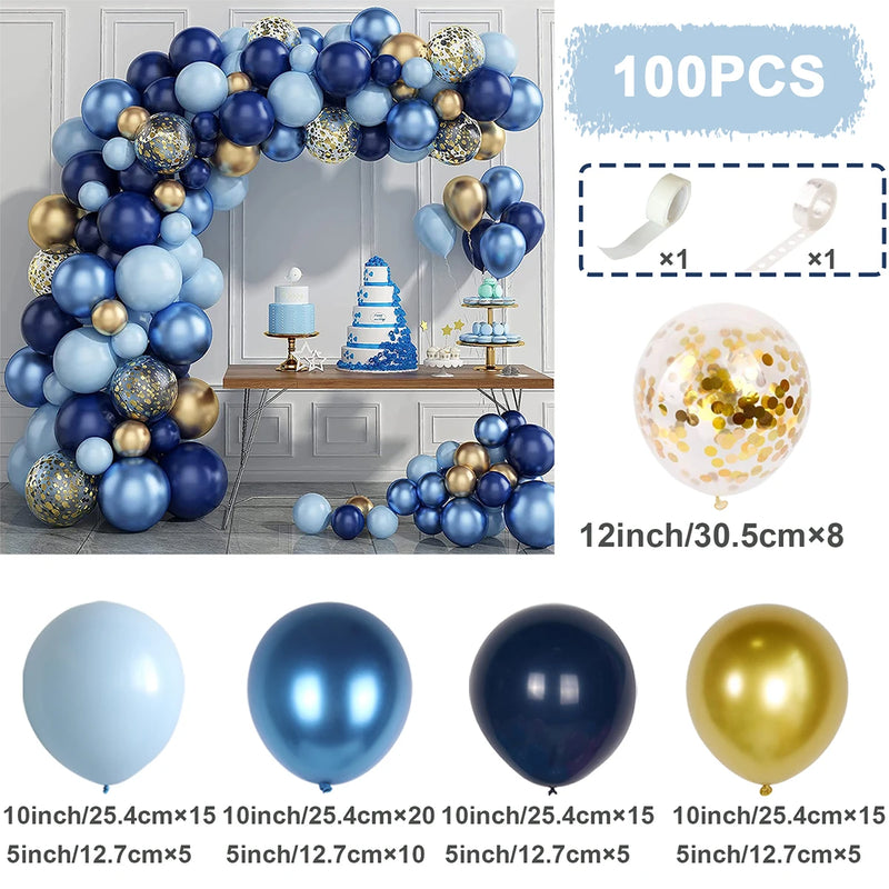 Kit Guirlande Arche de Ballons Bleu, bleu pastel, bleu métallisé, bleu marine et or, 100 pièces