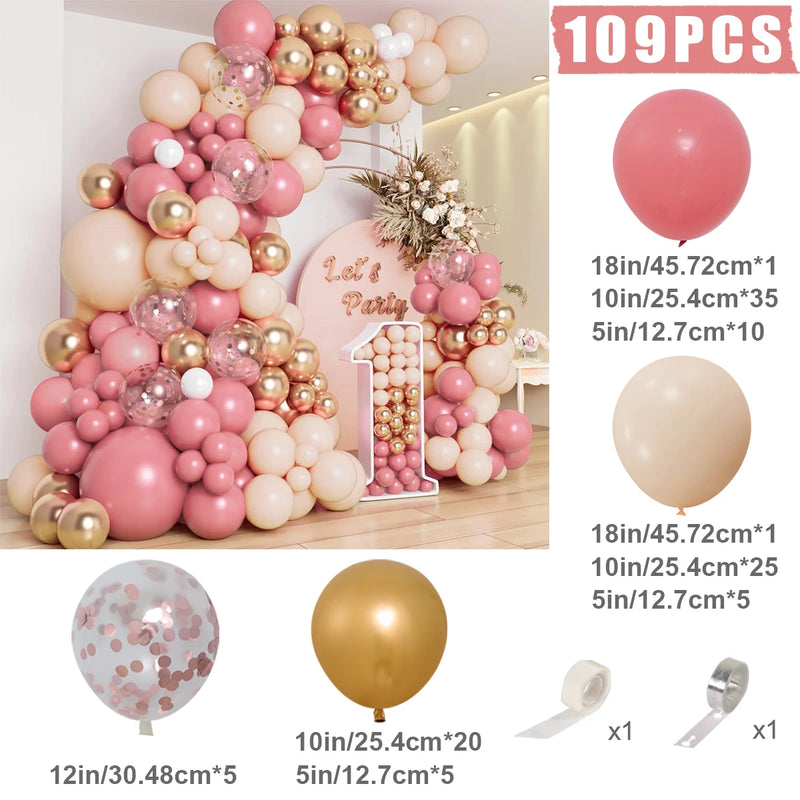 Kit Arche de Ballons Rose, Blanc et Or, kit 109 pièces, rose poudré, sable et or