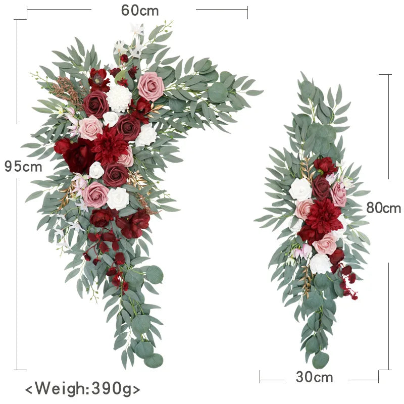 Fleurs et Voilages pour Arche de Mariage, paire de compositions, bordeaux, rose et blanc