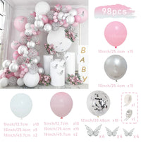 Kit Arche de Ballons Pastel, Rose, Bleu et Or, rose, blanc, argent et papillons, 98 pièces