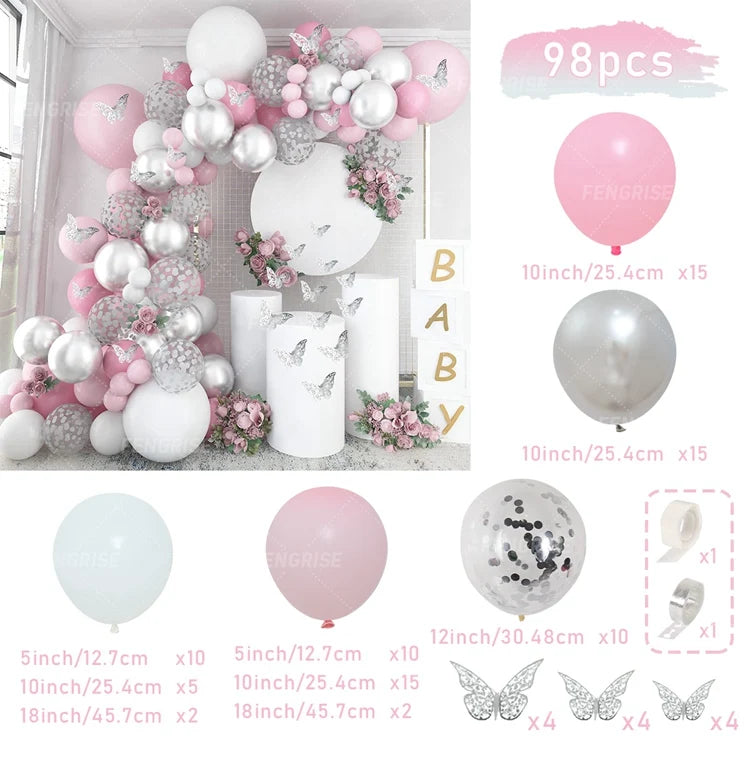 Kit Arche de Ballons Pastel, Rose, Bleu et Or, rose, blanc, argent et papillons, 98 pièces