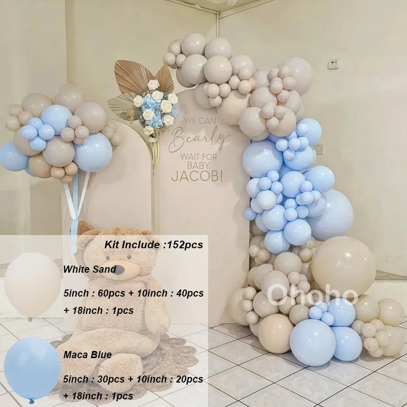 Kit Arche de Ballons Blanc Sable et Beige, blanc sable et bleu macaron, 152 pièces